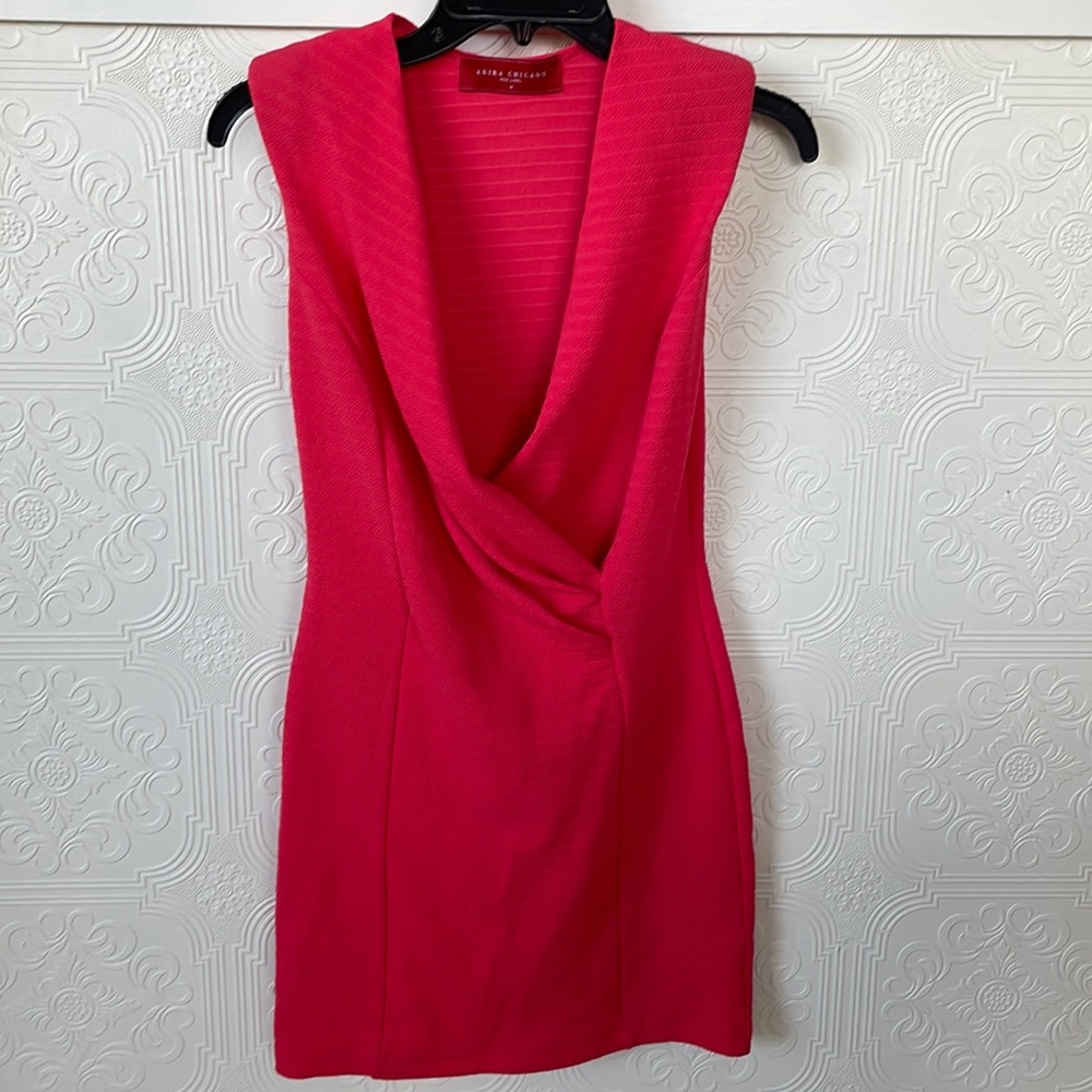 Coral deep-V mini dress, with stretch. Super flattering!